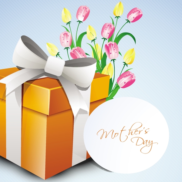 母亲节快乐的概念一个礼品盒和花的标签