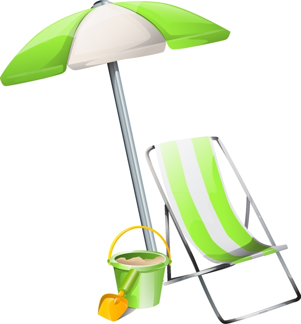 绿色清凉遮阳伞与沙滩桶