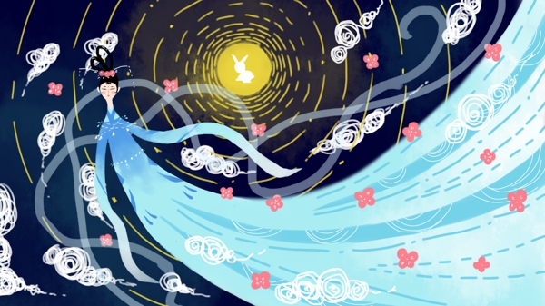 小清新传统节日中秋节嫦娥奔月手绘原创插画