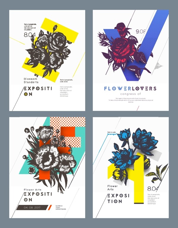 四款手绘彩色花朵海报矢量素材
