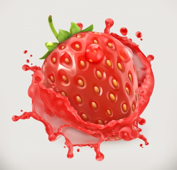 鲜红的草莓和飞溅的果汁矢量素材