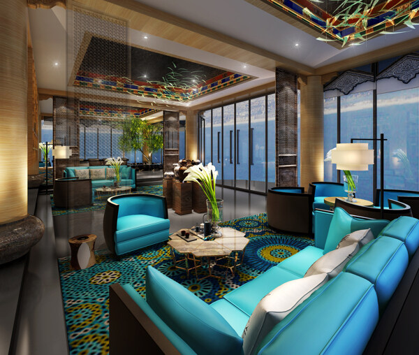 现代大气时尚酒店大厅宝蓝色沙发工装效果图