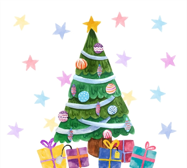 水彩绘圣诞树和礼盒