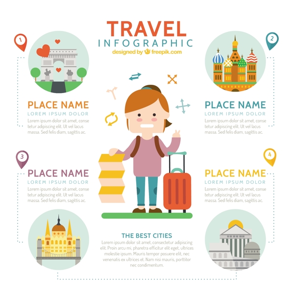 好的旅行者与旅行元素infography