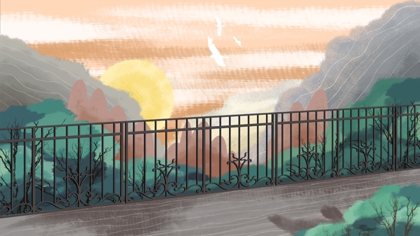 日出清晨山上护栏背景设计