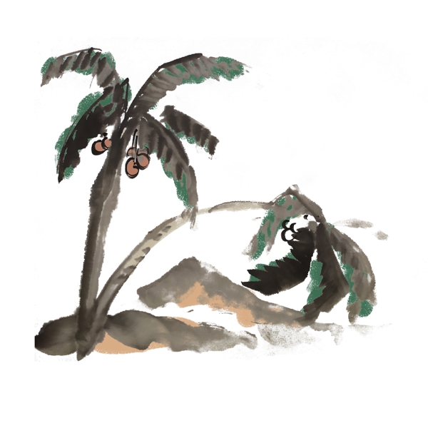 椰子树叶子水墨风手绘插画