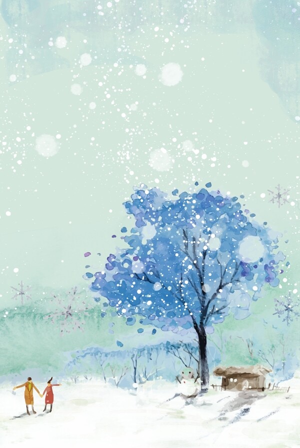 彩绘冬季大树雪地背景素材