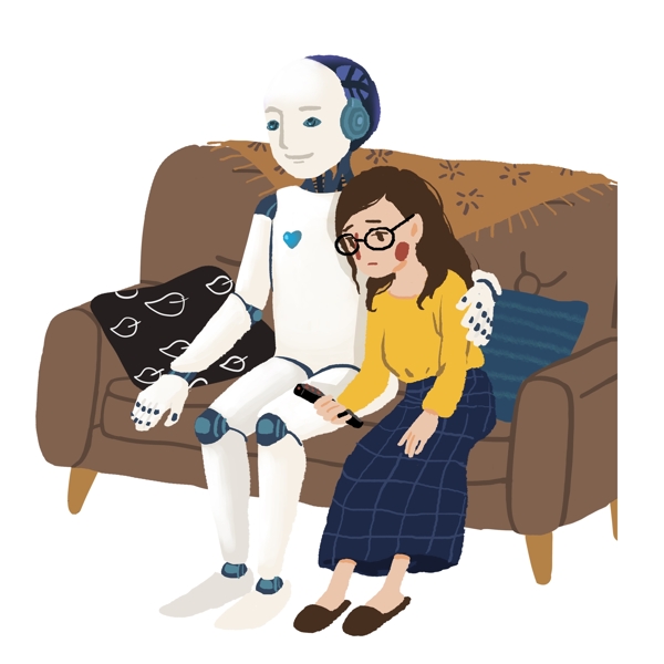 温馨手绘坐在沙发上的女孩和机器人