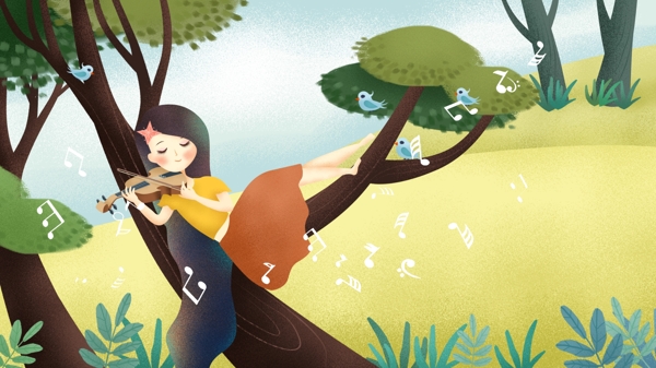 原创手绘插画音乐节坐在树上拉小提琴的女孩