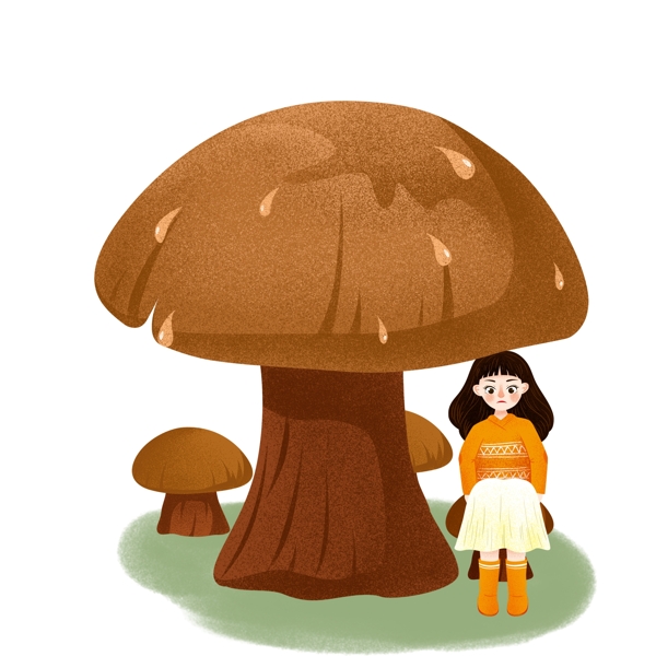 手绘蘑菇下躲雨的女孩