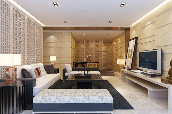 现代中式风格客厅空间效果图模型