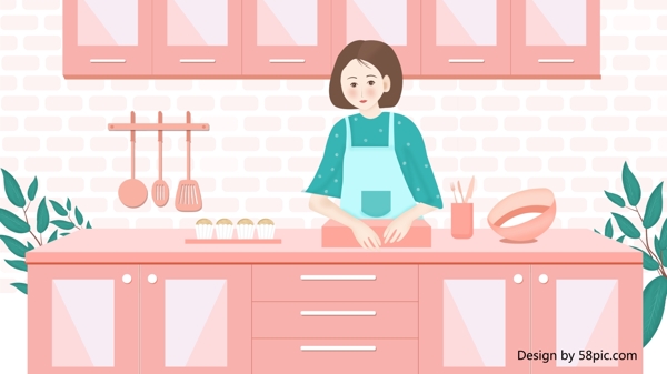 清新时尚扁平夏季厨房做饭女孩插画