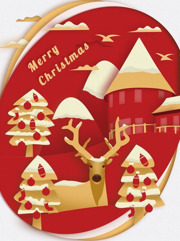 圣诞节之纸片森林别墅麋鹿剪纸风插画