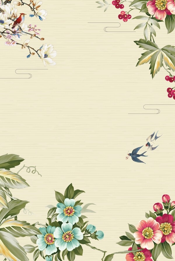 莫兰迪中国风花朵燕子海报