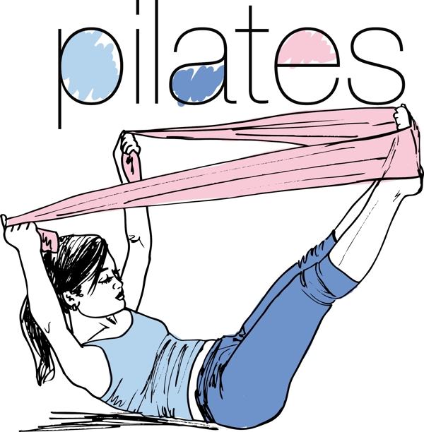 普拉提女人橡胶电阻带健身体育健身房矢量插画草图