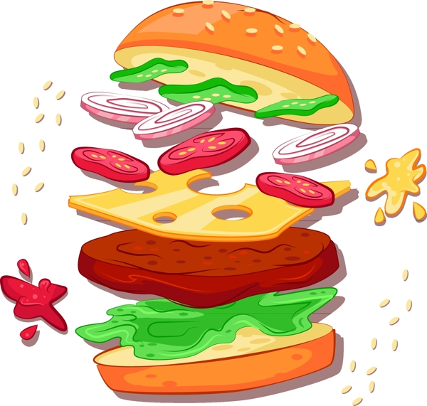 卡通美味汉堡元素