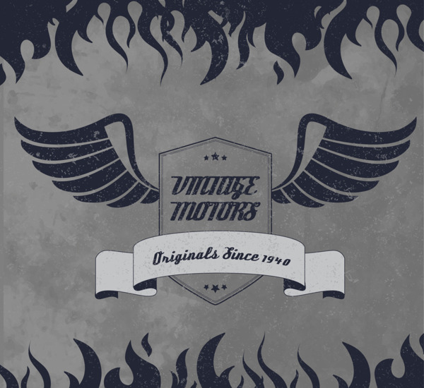 带翅膀和火焰的摩托车徽章的复古背景