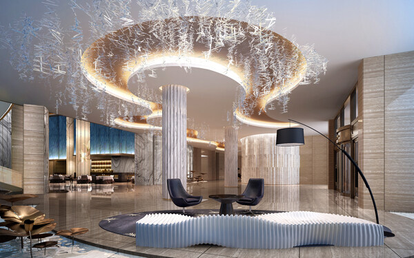 现代时尚异形水晶灯酒店大厅工装装修效果图