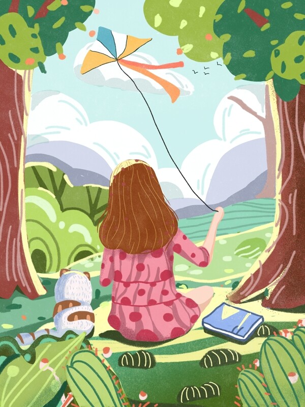 小清新绿色节气春分女孩猫咪放风筝外出游玩