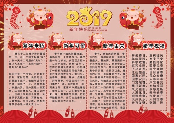 红色喜庆中国风新年快乐校园板报猪年手抄报