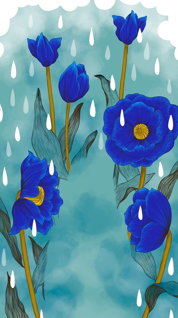 手绘雨水节气蓝色花朵背景设计