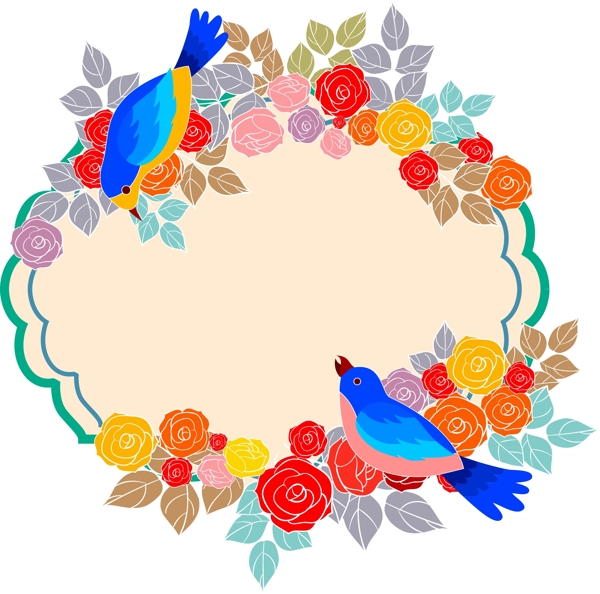手绘玫瑰花与彩色鸟边框