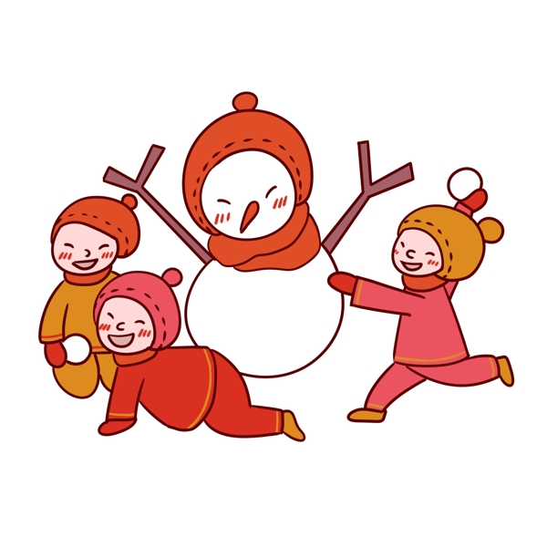 手绘卡通可爱喜庆新年小孩子过年打雪仗