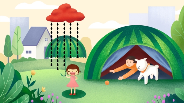 野外小清新西瓜雨伞下雨帐篷创意水果插画