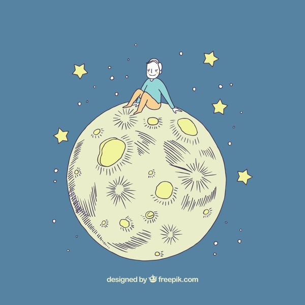 彩绘坐在月球上的男子矢量图