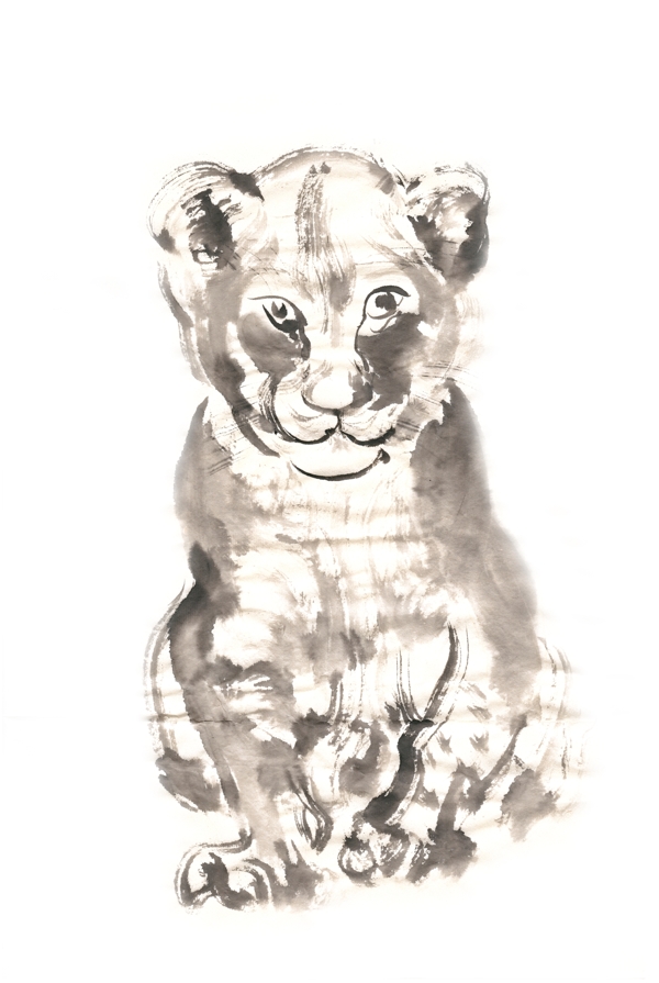 可爱的小狮子水墨画PNG免抠素材