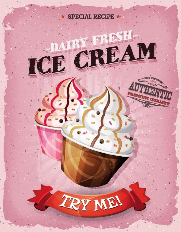 复古粉色冰淇淋海报矢量素材下载