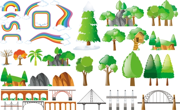 彩虹树木和设计元素