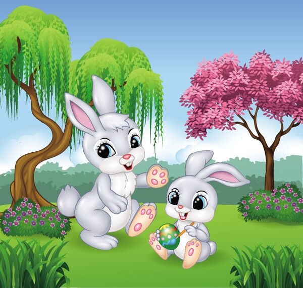 春天里兔子妈妈和小兔子