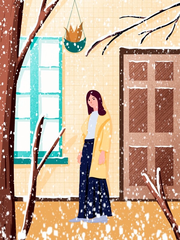 冬季雪景手绘海报插画壁纸