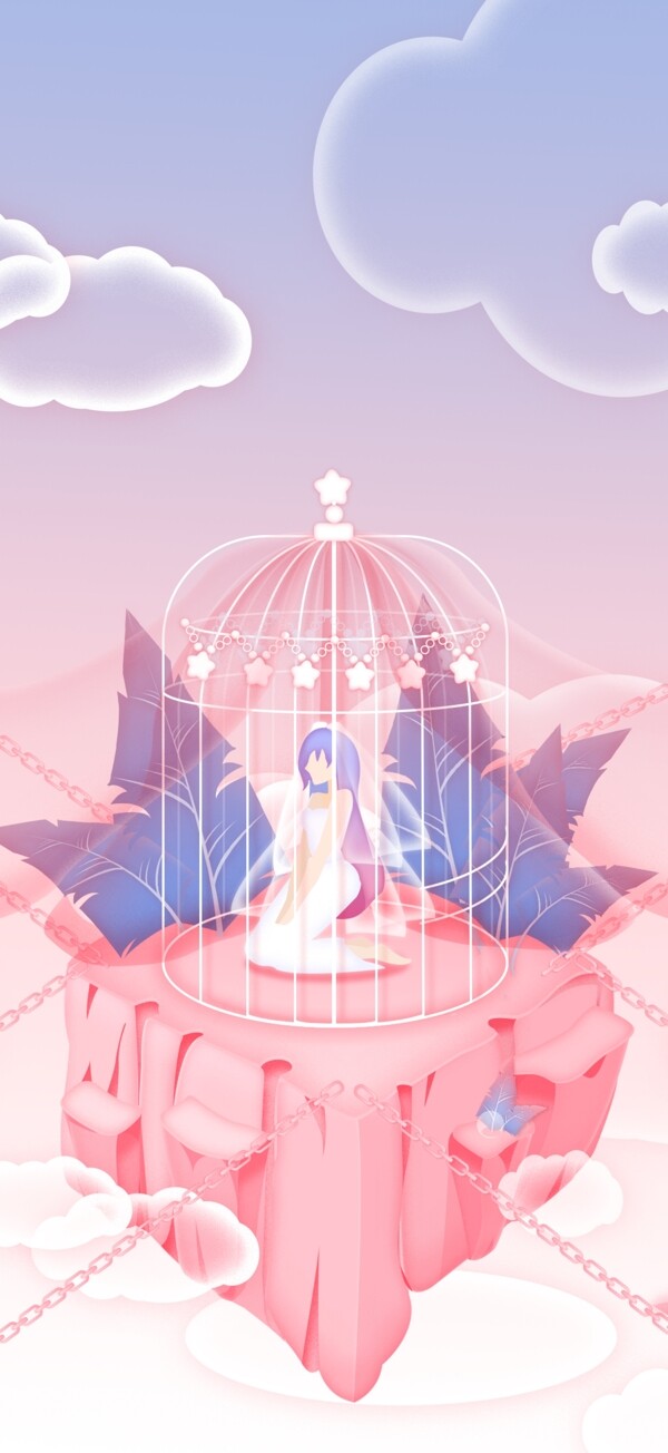 矢量原创插画粉色童话浮空岛的鸟笼森林公主