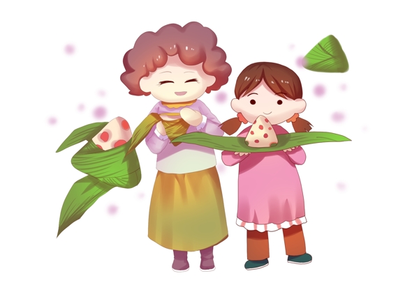 端午节外婆和小女孩一起吃粽子