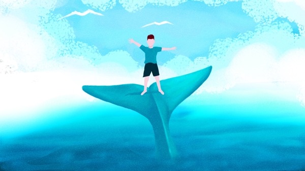 大海与鲸治愈系少年鲸鱼海洋云朵插画