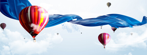 天空热气球蓝色彩带淘宝banner背景
