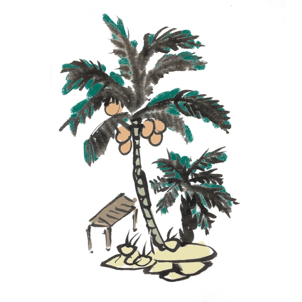 椰子树椰子水墨风手绘