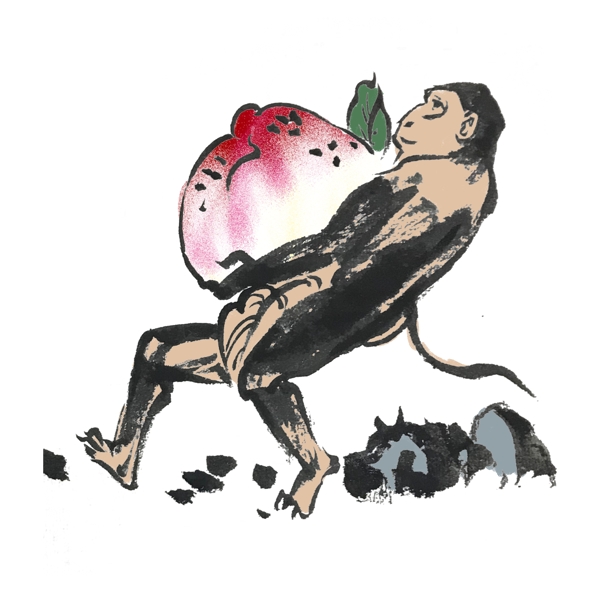 水墨猴子抱桃手绘插画