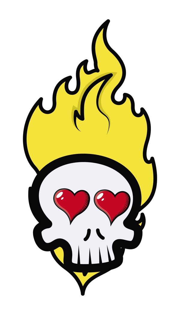 有趣的浪漫的骷髅纹身与火焰的心卡通插画矢量