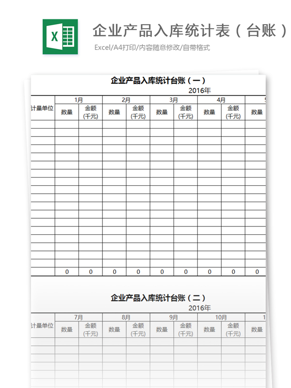 企业产品入库统计表台账excel模板