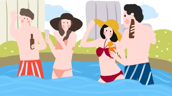 夏季狂欢会聚会游泳池小清新手绘配图