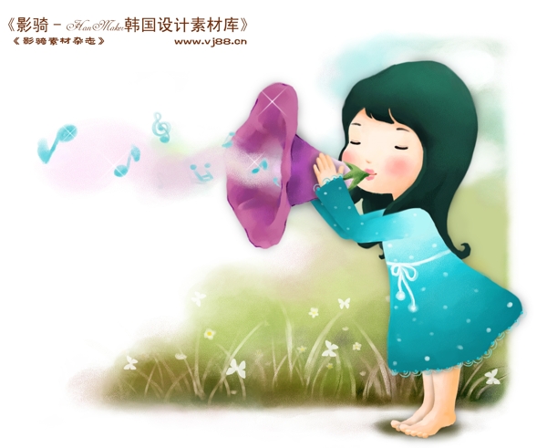 HanMaker韩国设计素材库背景卡通漫画可爱梦幻儿童孩子女孩童真喇叭