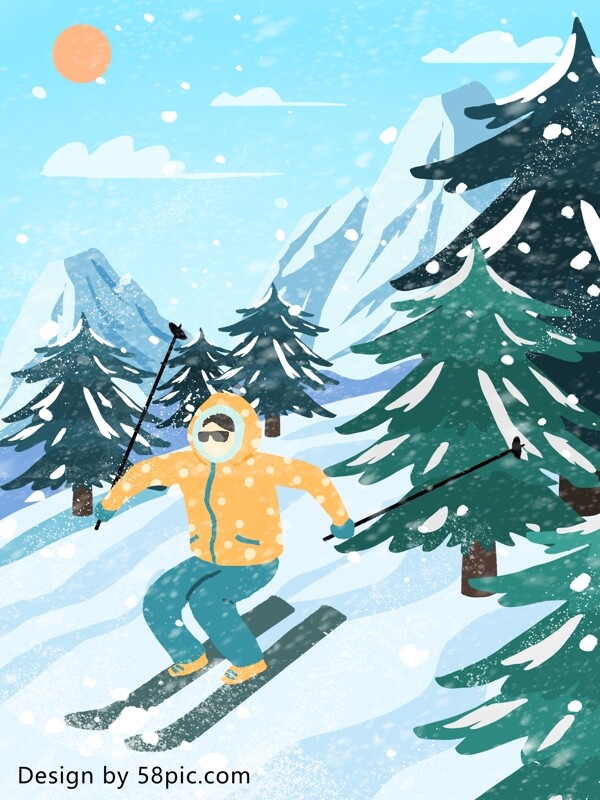 滑雪场景肌理写实惬意的滑雪原创手绘插画