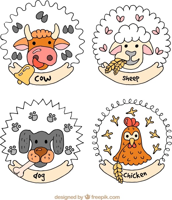 4款彩绘动物头像标签矢量素材