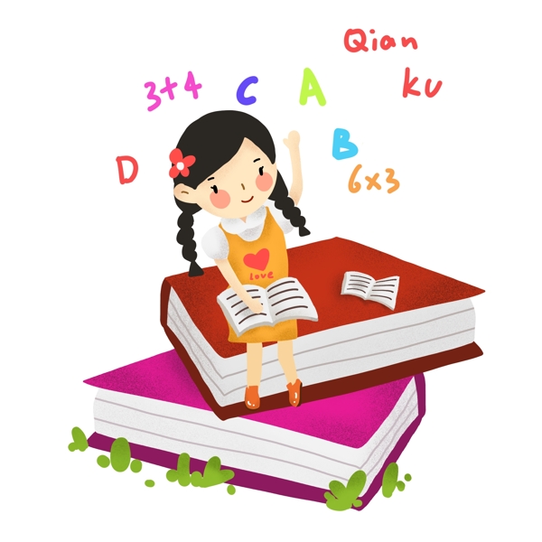 卡通世界读书日小女孩读书