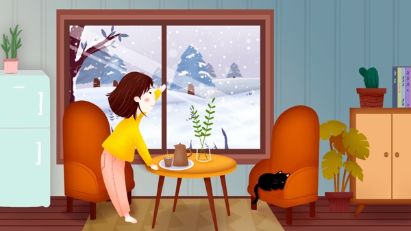 冬季小雪天室内女孩赏雪插画