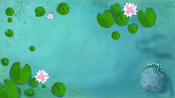 手绘水彩荷花蓝色池塘背景素材