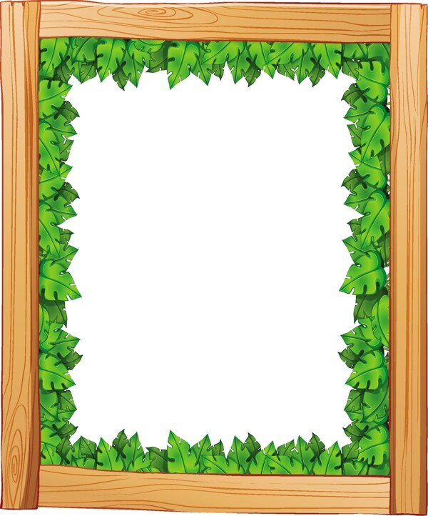 在白色背景下用木头和绿叶做成的边框图案